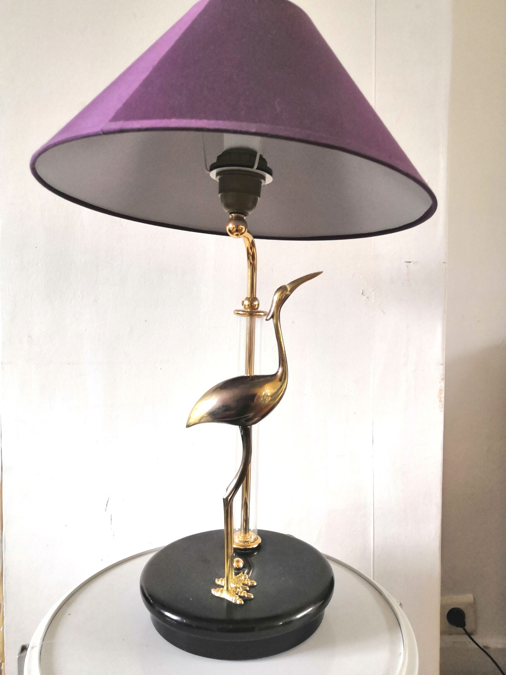 Lampe héron en laiton et tube verre design années 70