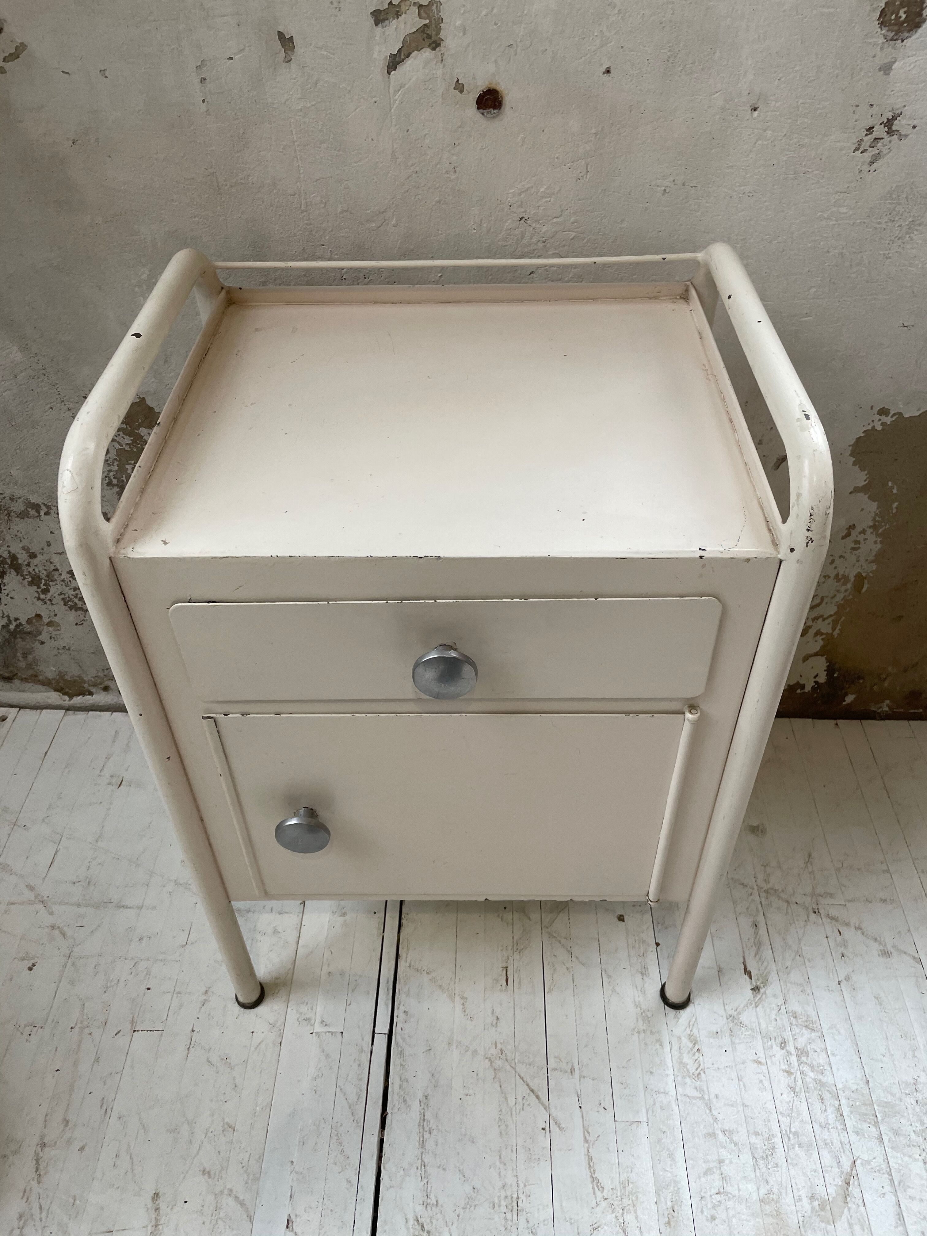 Industrial white metal bedside