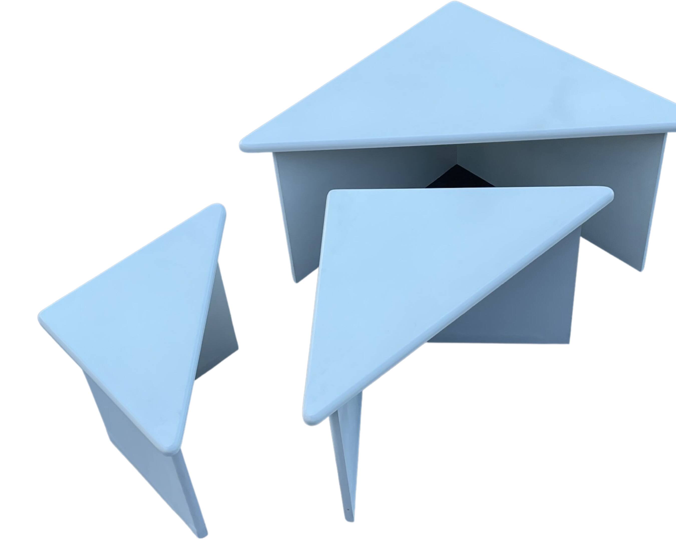 Set of three triangle side tables wood white creme design