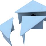 Set of three triangle side tables wood white creme design