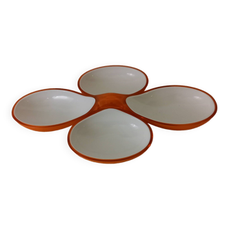 Vintage hors d'oeuvres set, 2 two-tone orange and white nesting dishes Guzzini