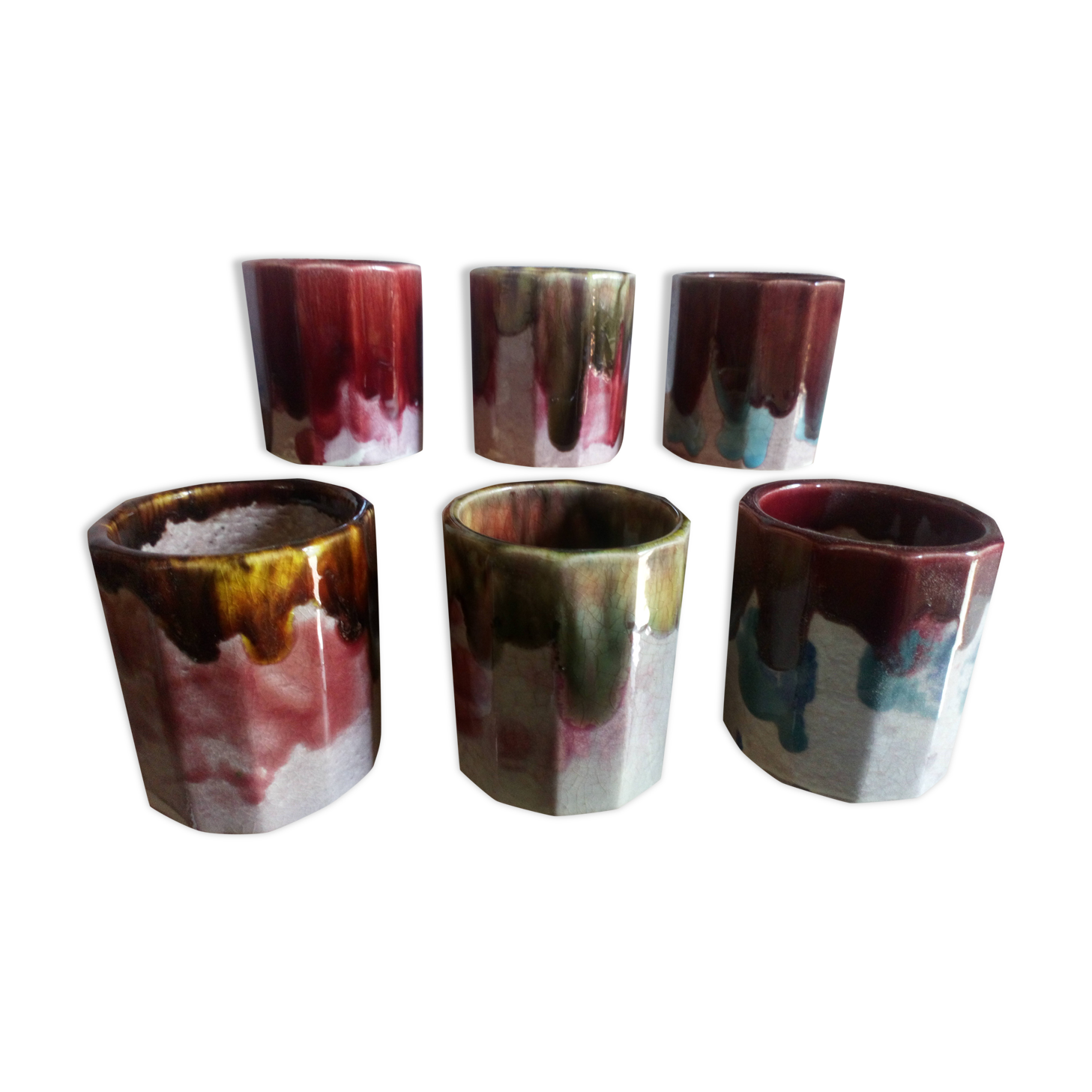 Six old yoghurt pots in enamelled porcelain