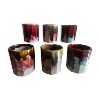 Six old yoghurt pots in enamelled porcelain