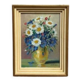 Huile sur panneau de style mi-siècle "Vase" par Sascher, signé, vintage et encadré 17 × 22 cm