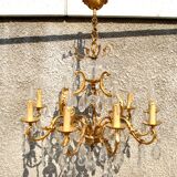Lustre à pampilles 9 feux monumental en bronze doré et cristal suspension