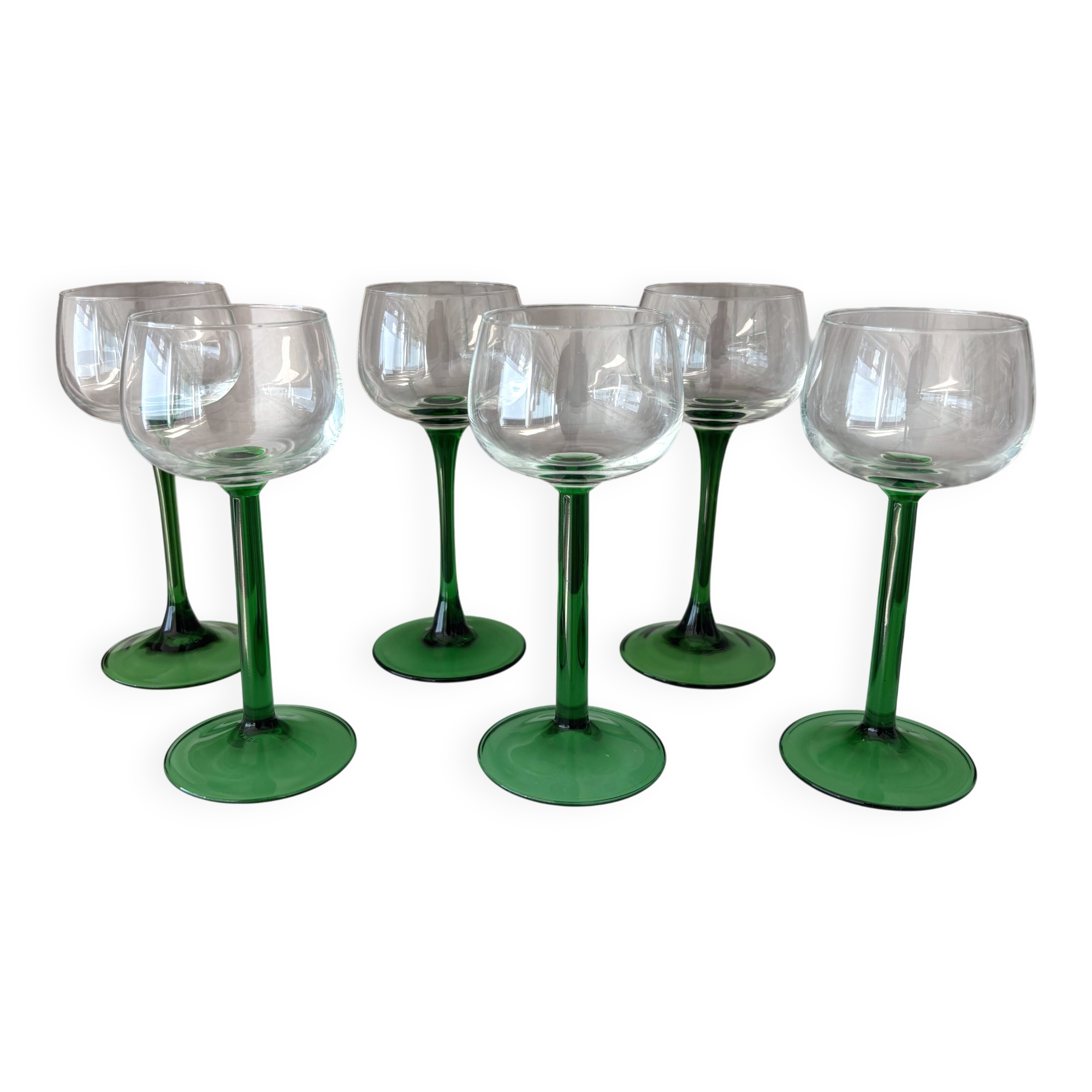 Set of 6 Vintage Luminarc France Green Stem Wine Glasses | French Glassware
