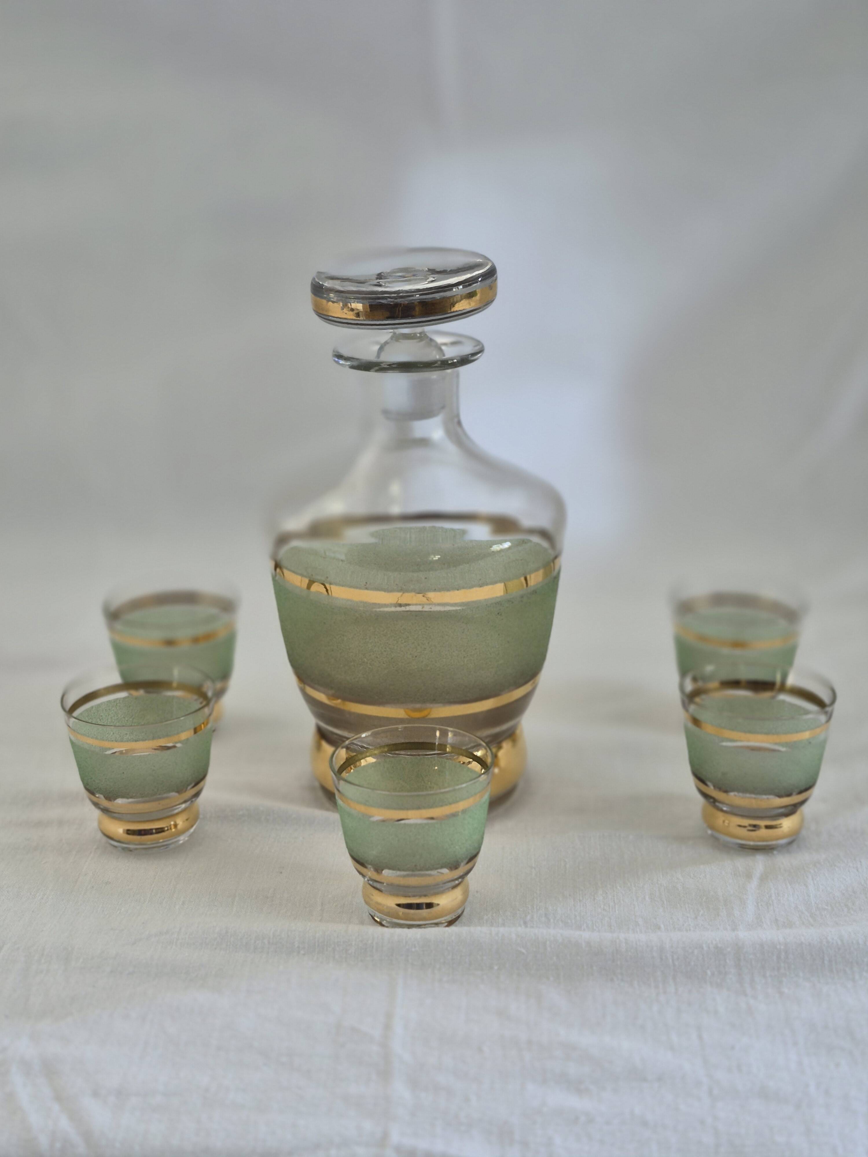 Vintage liqueur service in frosted celadon and gold glass – 1950s