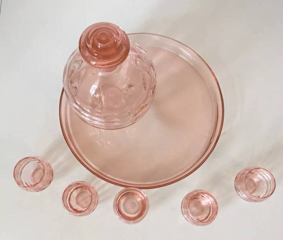 Vintage 1950s Pink Crystal Decanter Liquor Set