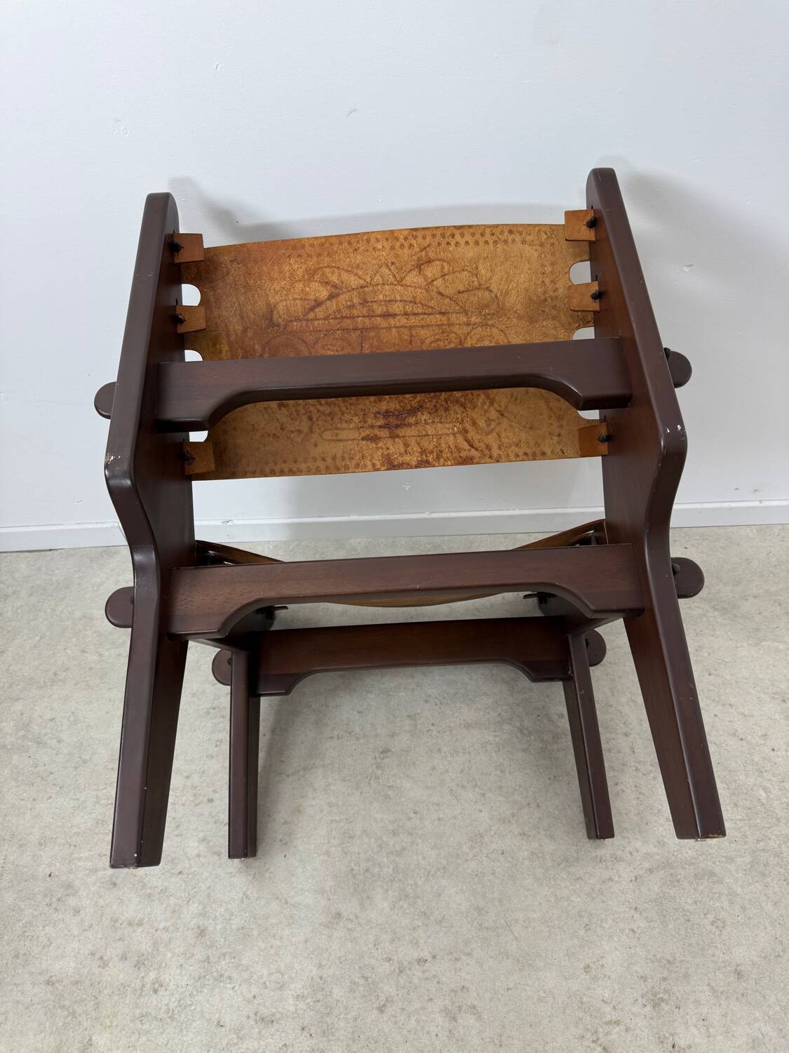 Vintage teak and leather armchair design Angel Pazmino brand Ecuador vintage 1960