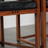 Black leather set of 4 Art Deco design dining chairs with armrests