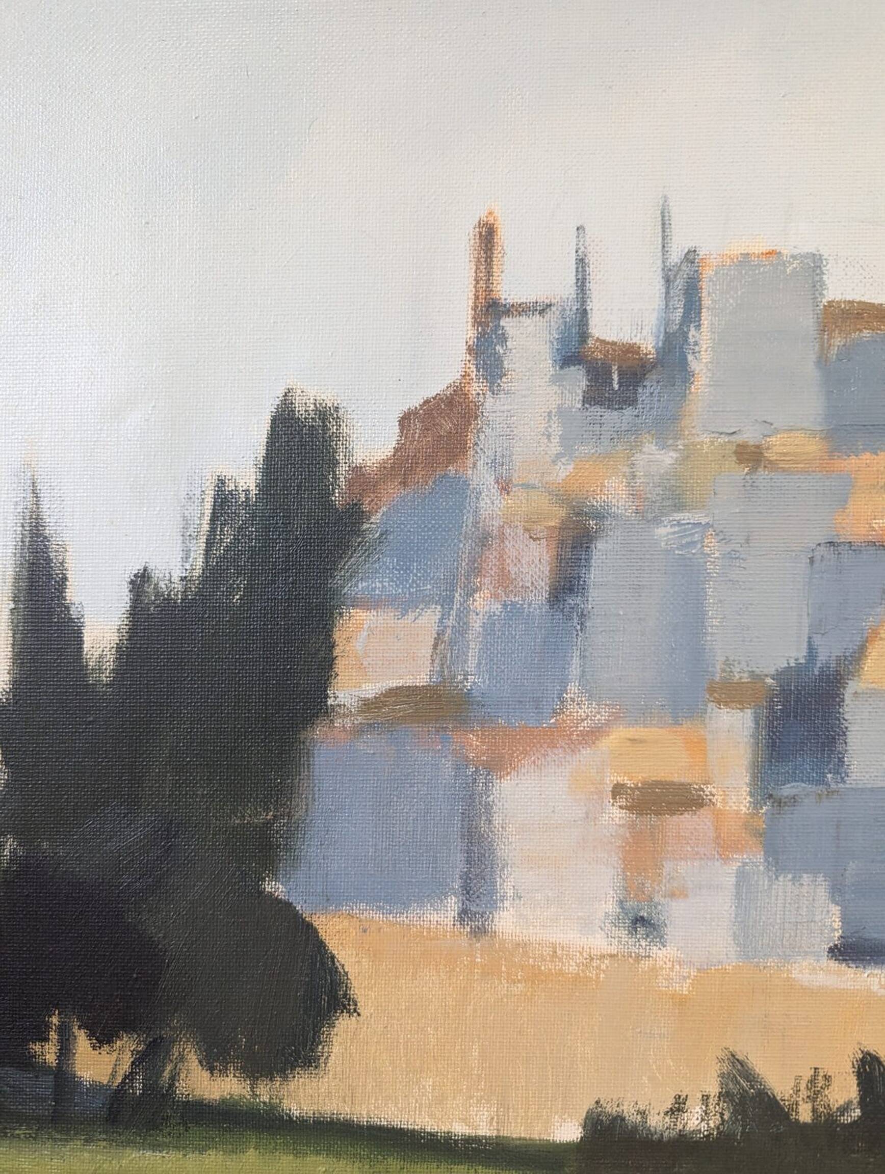 Mid-Century Modern "City Stroll" Vintage Swedish Cityscape Street Scene Oil Painting, Framed