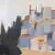 Peinture à l’huile de scène de rue de paysage urbain suédois vintage moderne du milieu du siècle « City Stroll », encadrée