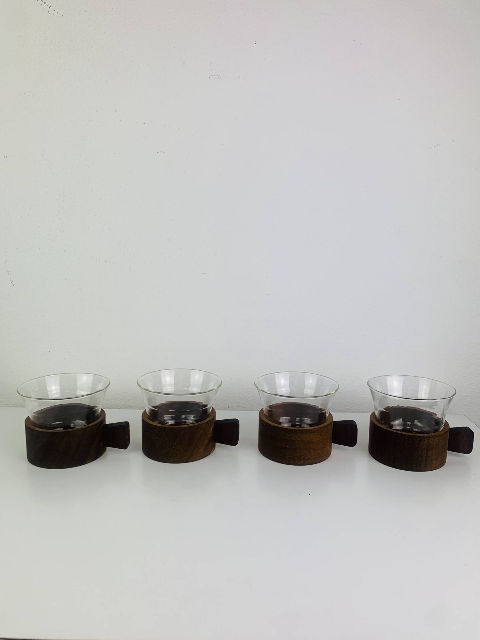 4 teak and glass cups in Scandinavian style by Schott Mainz Jena Glas, 60s