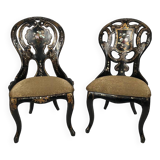 Fake pair of Napoleon III chairs, blackened wood and burgundy boiled cardboard