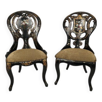 Fake pair of Napoleon III chairs, blackened wood and burgundy boiled cardboard