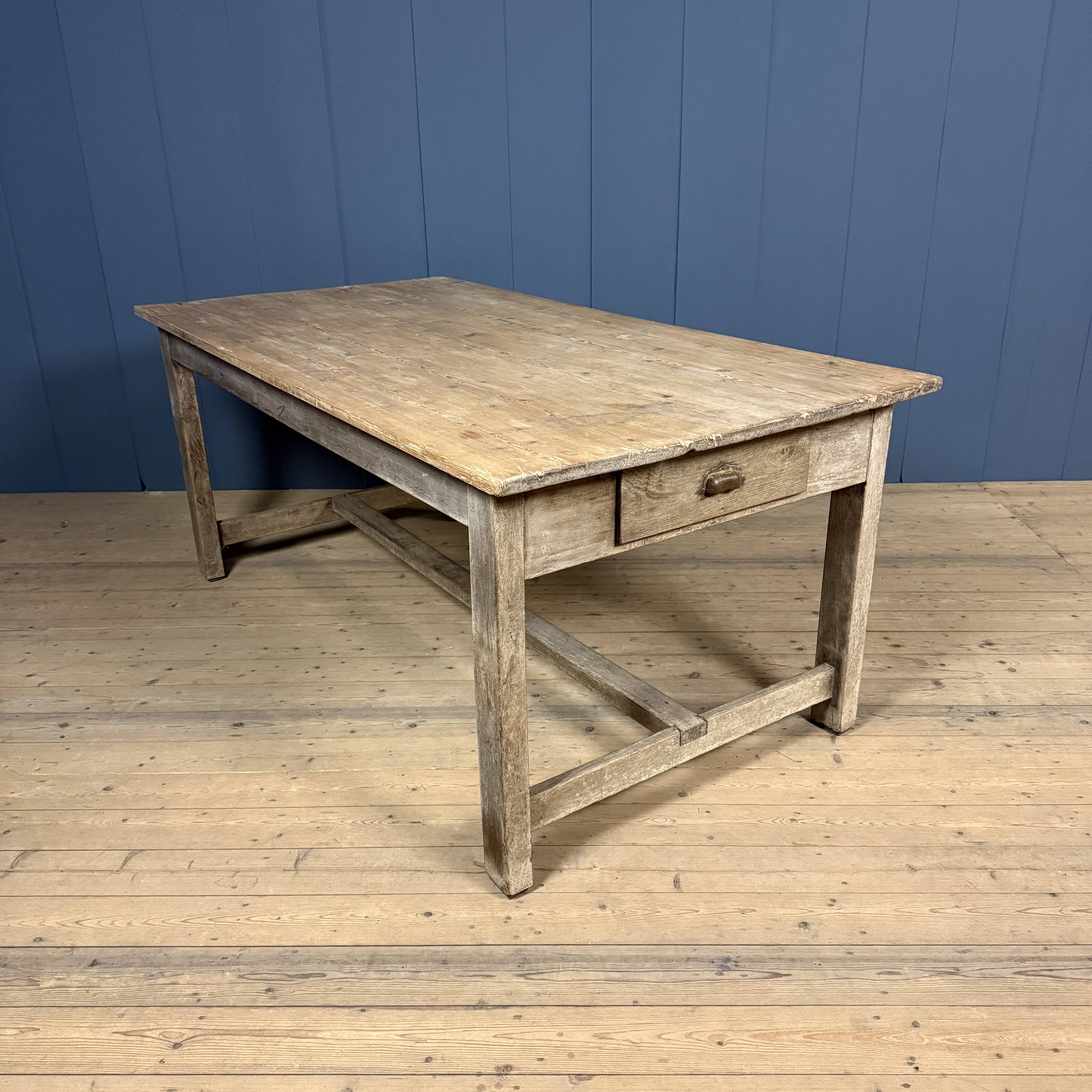French farmhouse dining table with pine top and oak base