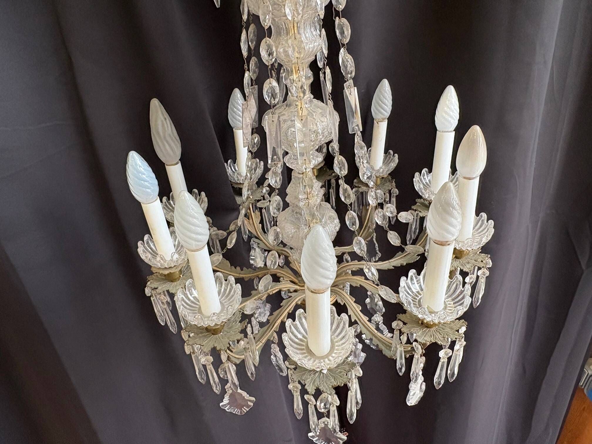 Large chandelier with glass and gilded brass pendants – 10 arms – 80 cm