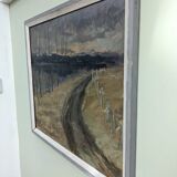 Vintage mid-century modern "river road" swedish expressionist landscape oil painting, framed
