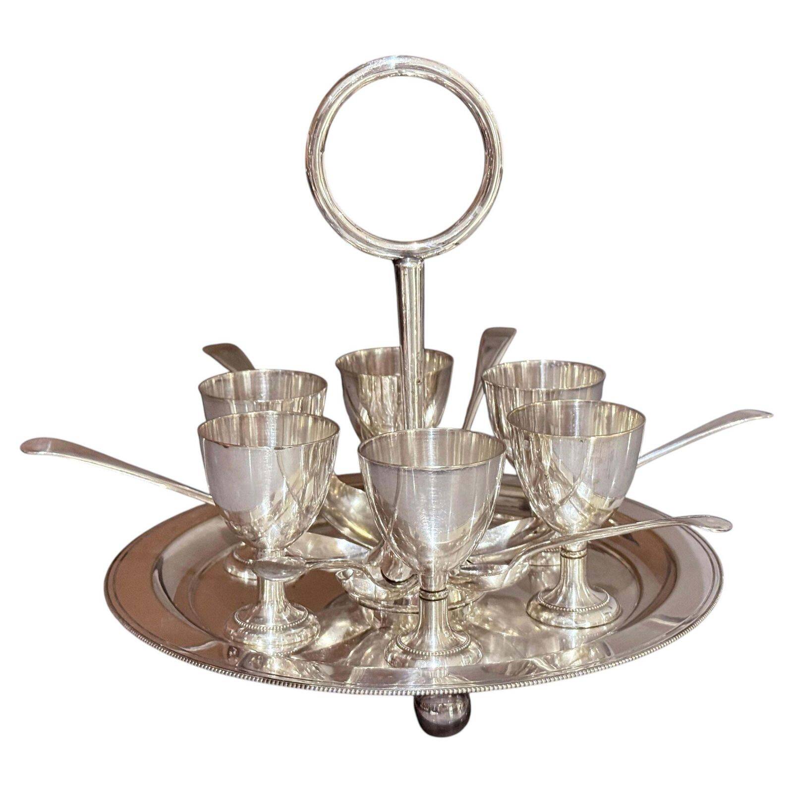 Antique Silver Egg Coddler Stand Holder Set Of 6 Egg Holder With 6 Silver Spoons