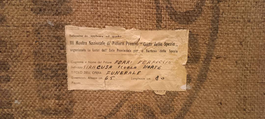 Oil on canvas "Funerals in Syracuse" by Ferruccio Ferri - Exhibition Gulf of La Spezia, 1940s