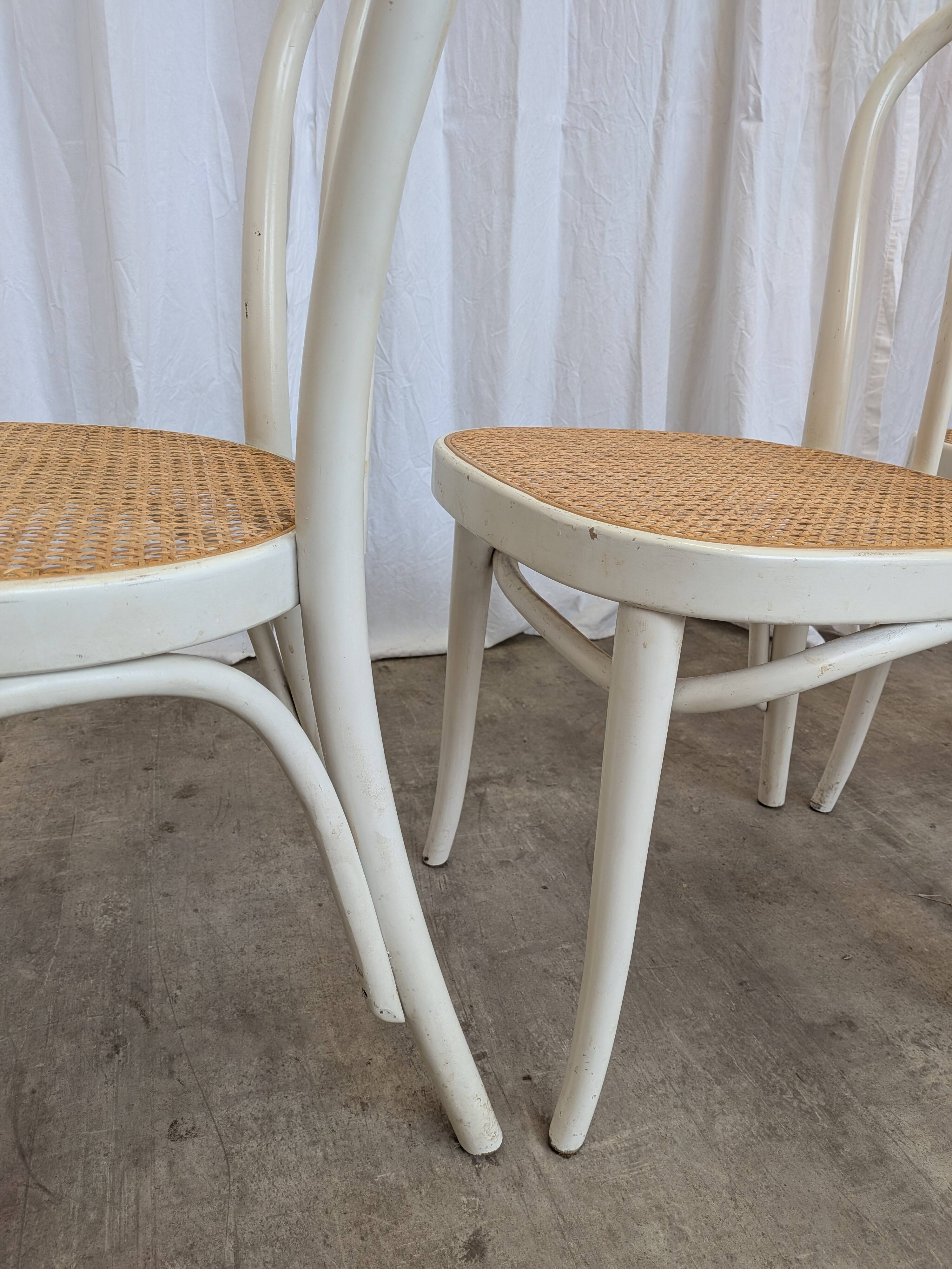 Set of 4 Vintage Thonet Style Dining Chairs: White Wood & Cane Seat