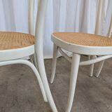 Set of 4 Vintage Thonet Style Dining Chairs: White Wood & Cane Seat