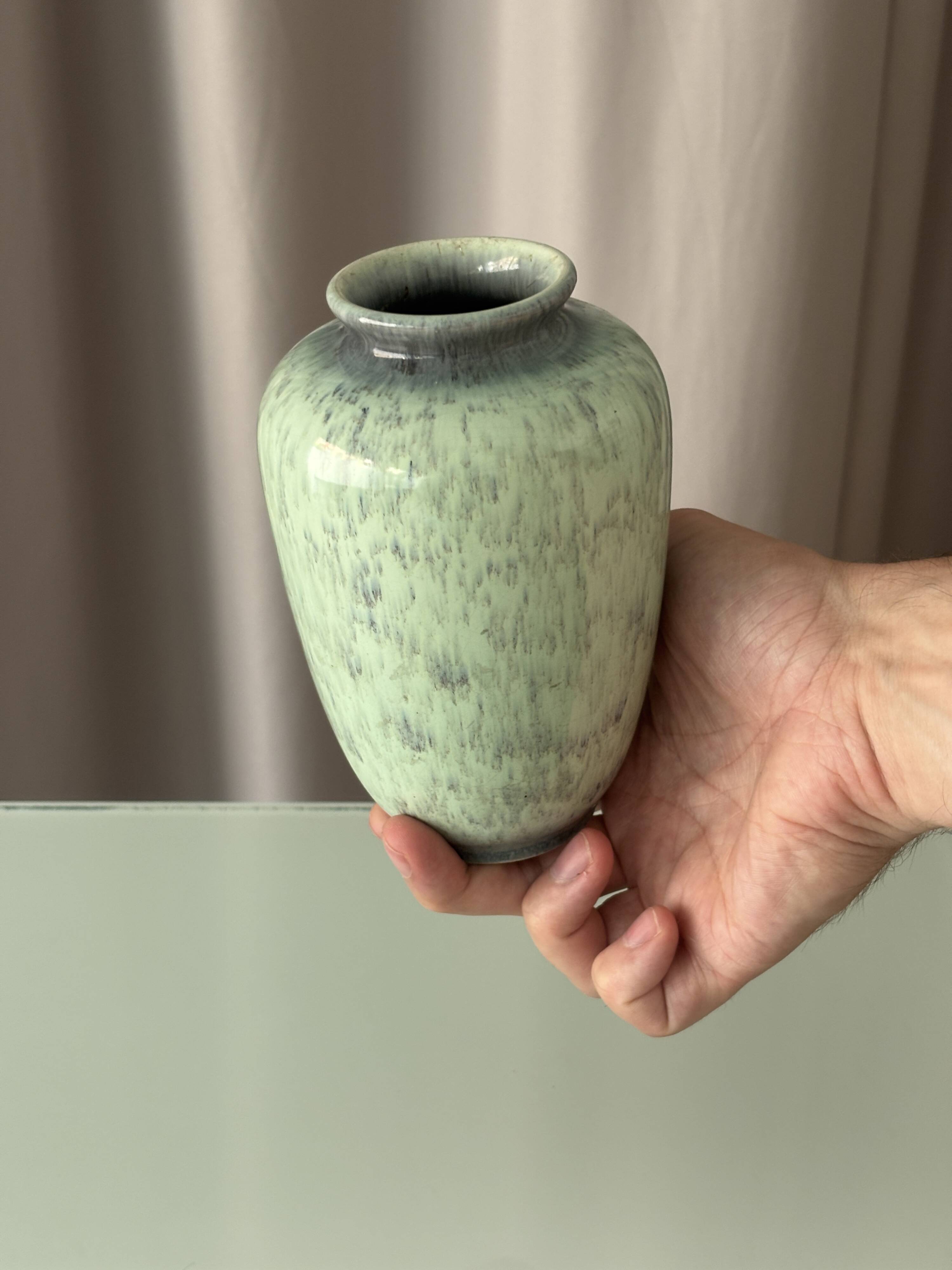 Vintage Studio Pottery Vase with Mottled Celadon Green Glaze