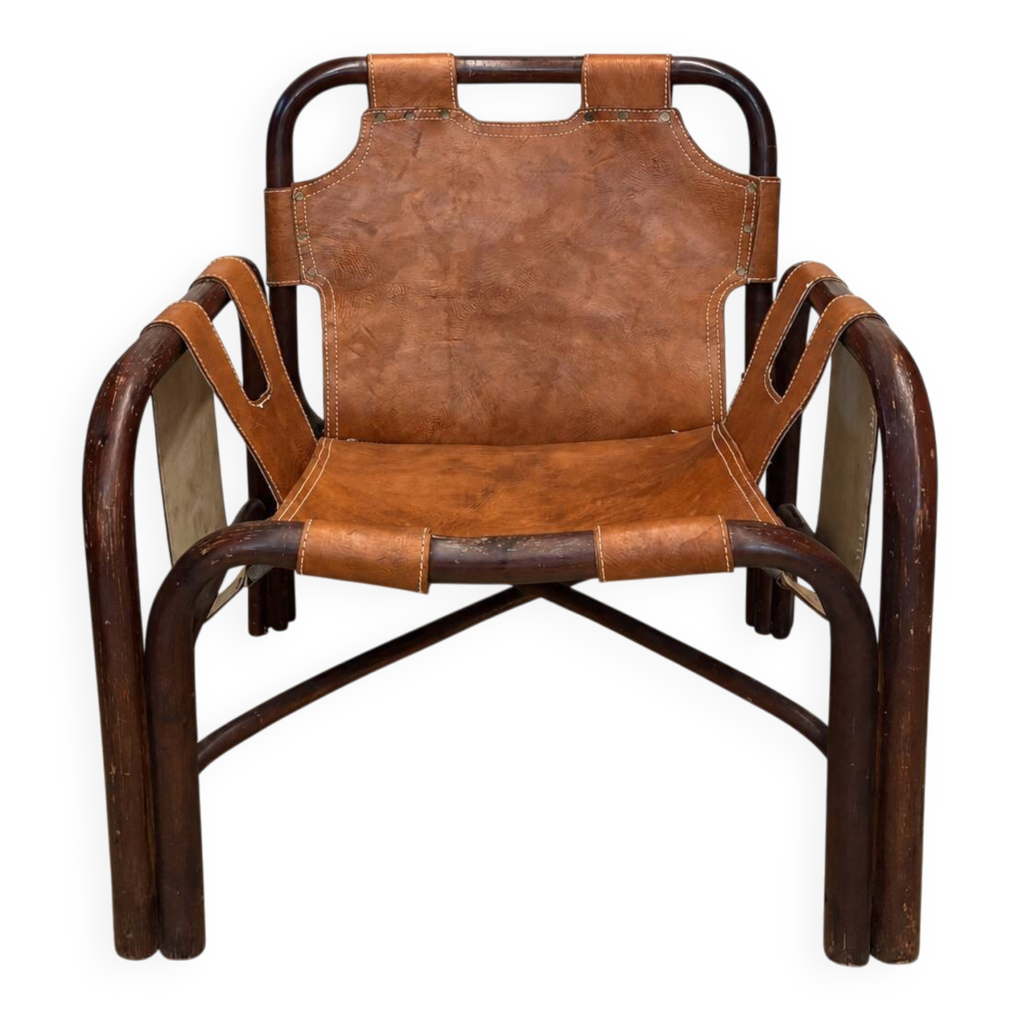 Pair of Tito Agnoli armchairs in leather and bamboo, 1970s.
