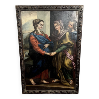 École Française vers 1800 : peinture religieuse, huile sur toile figurant la visitation