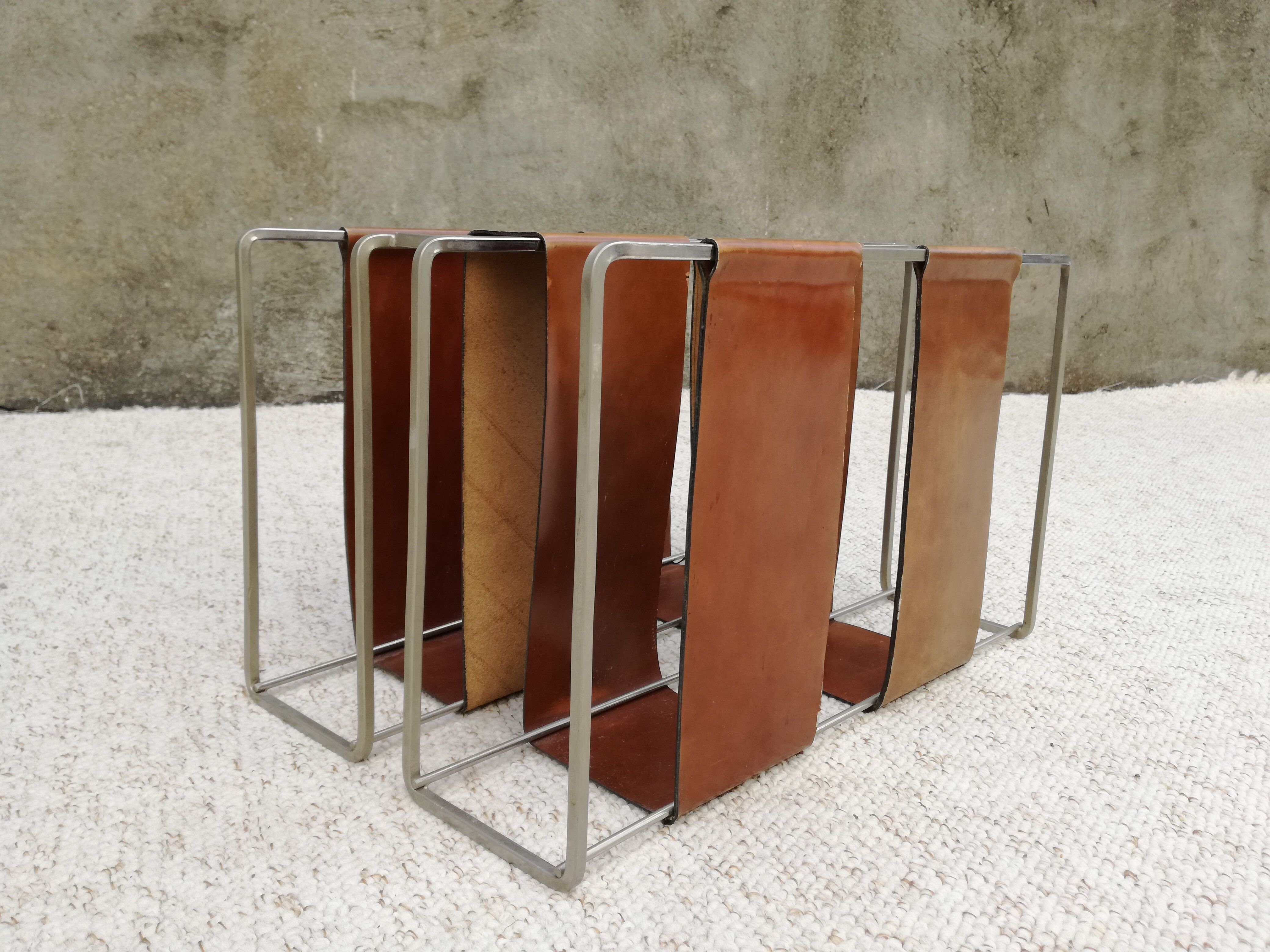 Minimalist metal and camel leather magazine holder