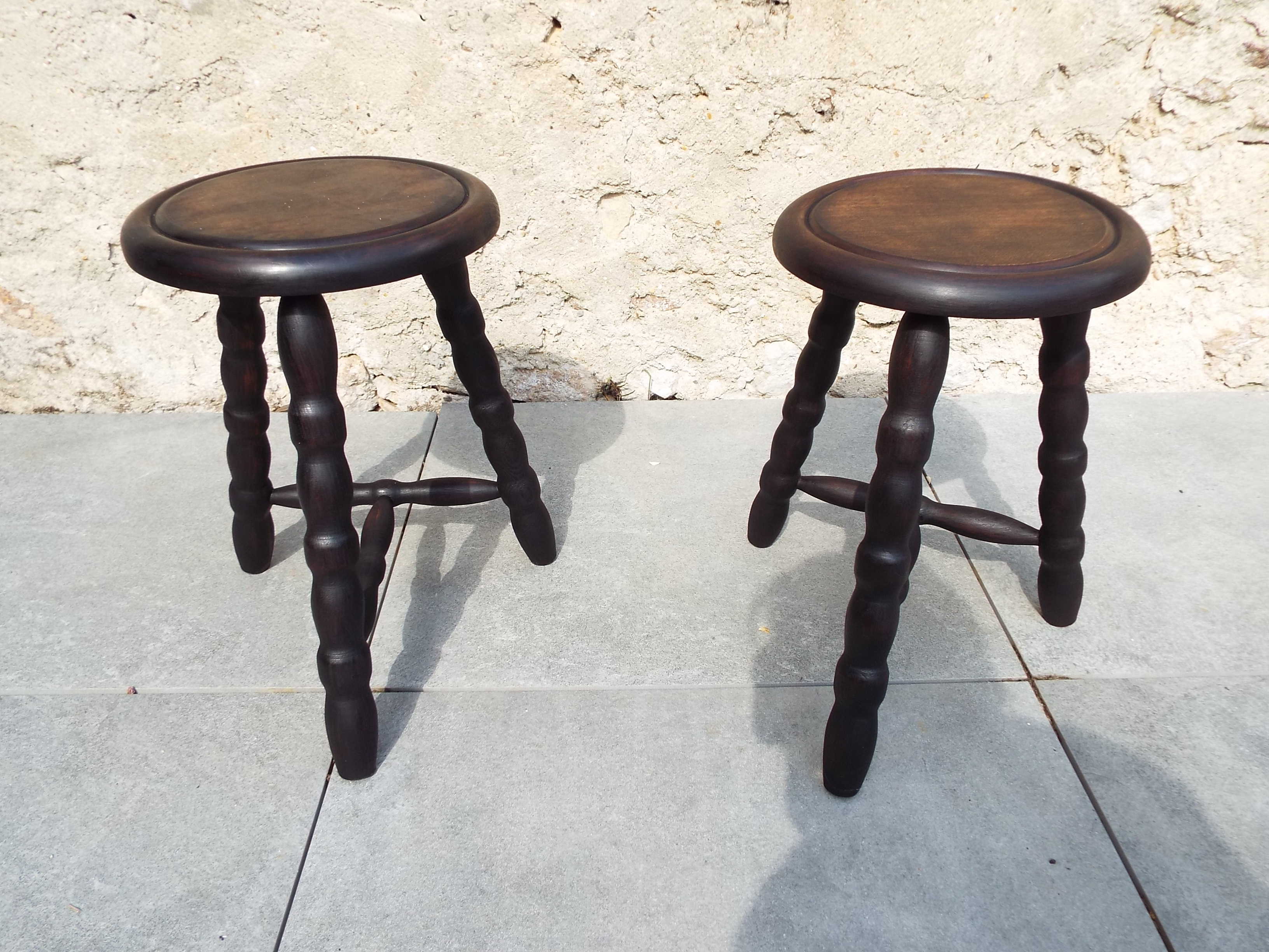 Pair of turned wooden tripod stools