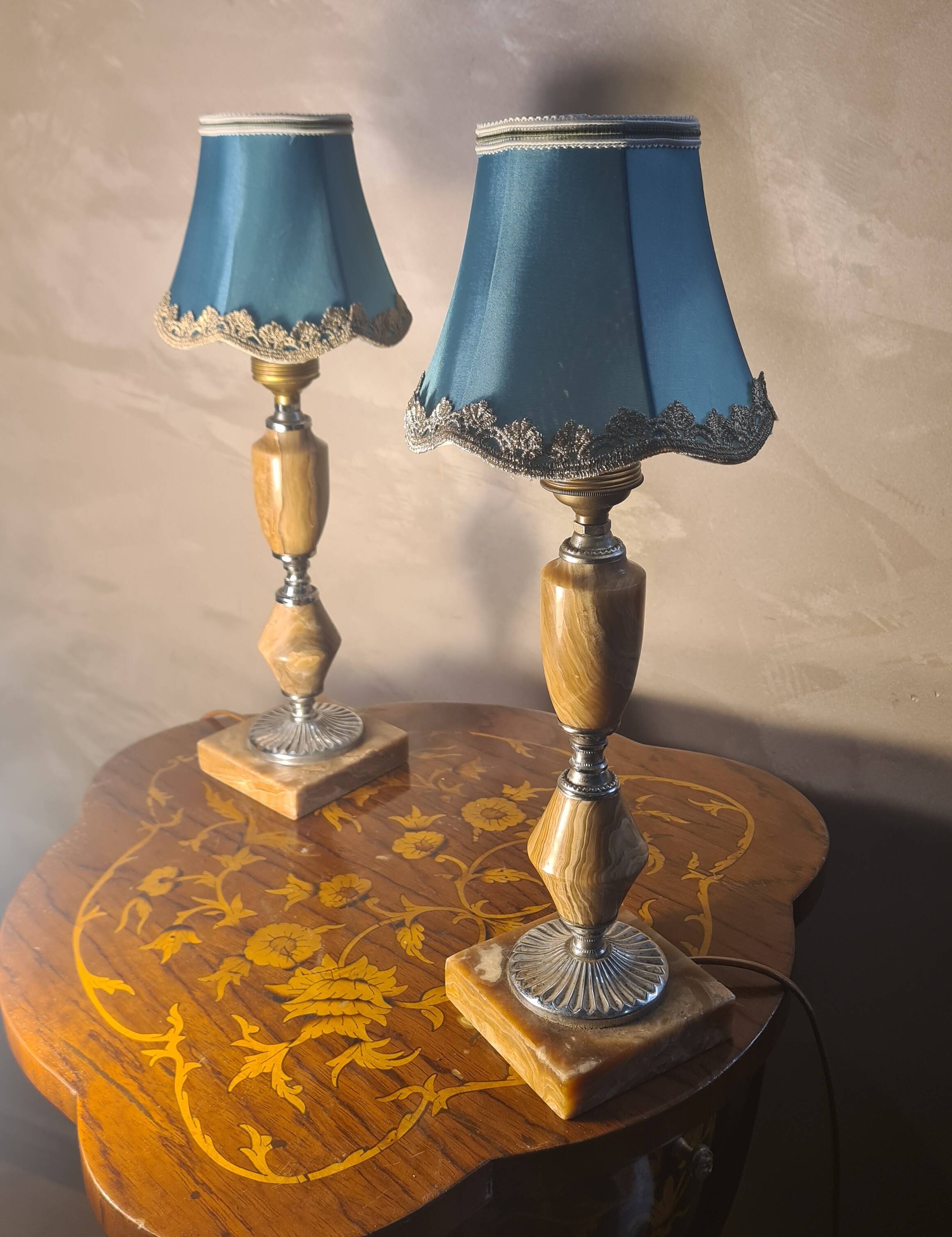 Pair of classic 1970 marble bedside lamps, new lampshades, electrical in working order, 39x14.