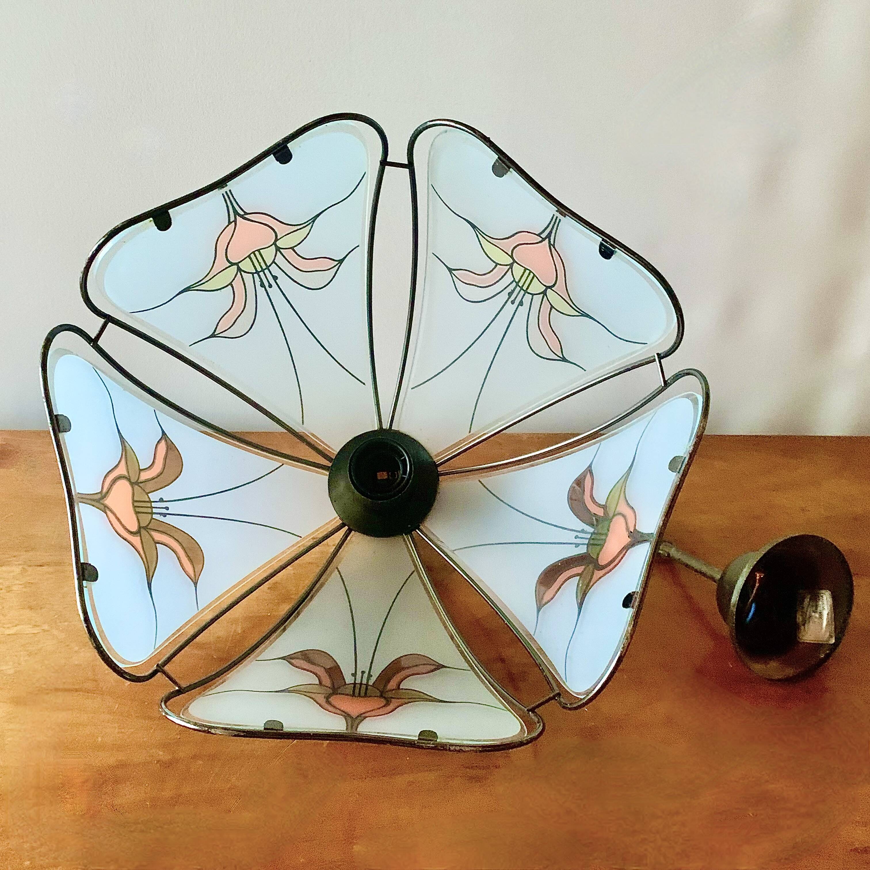 Vintage Hollywood Regency style metal and sandblasted glass chandelier