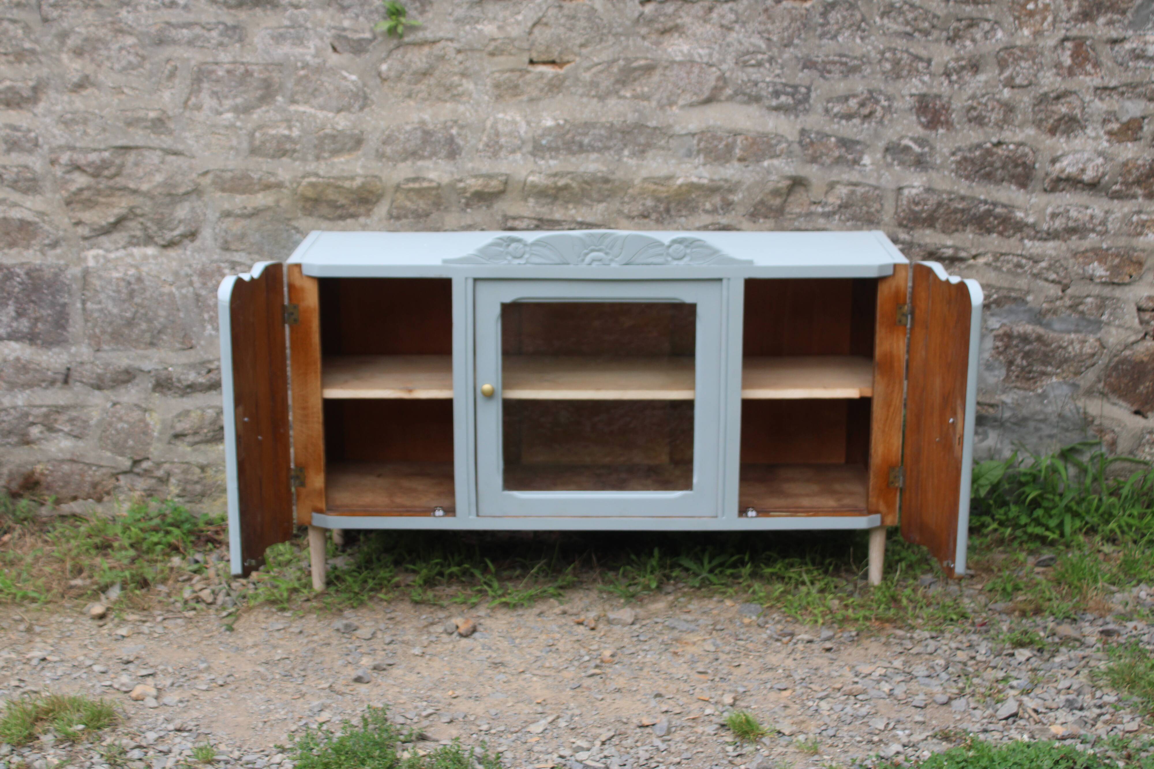 Renovated vintage low sideboard - Unique piece of furniture with floral moldings