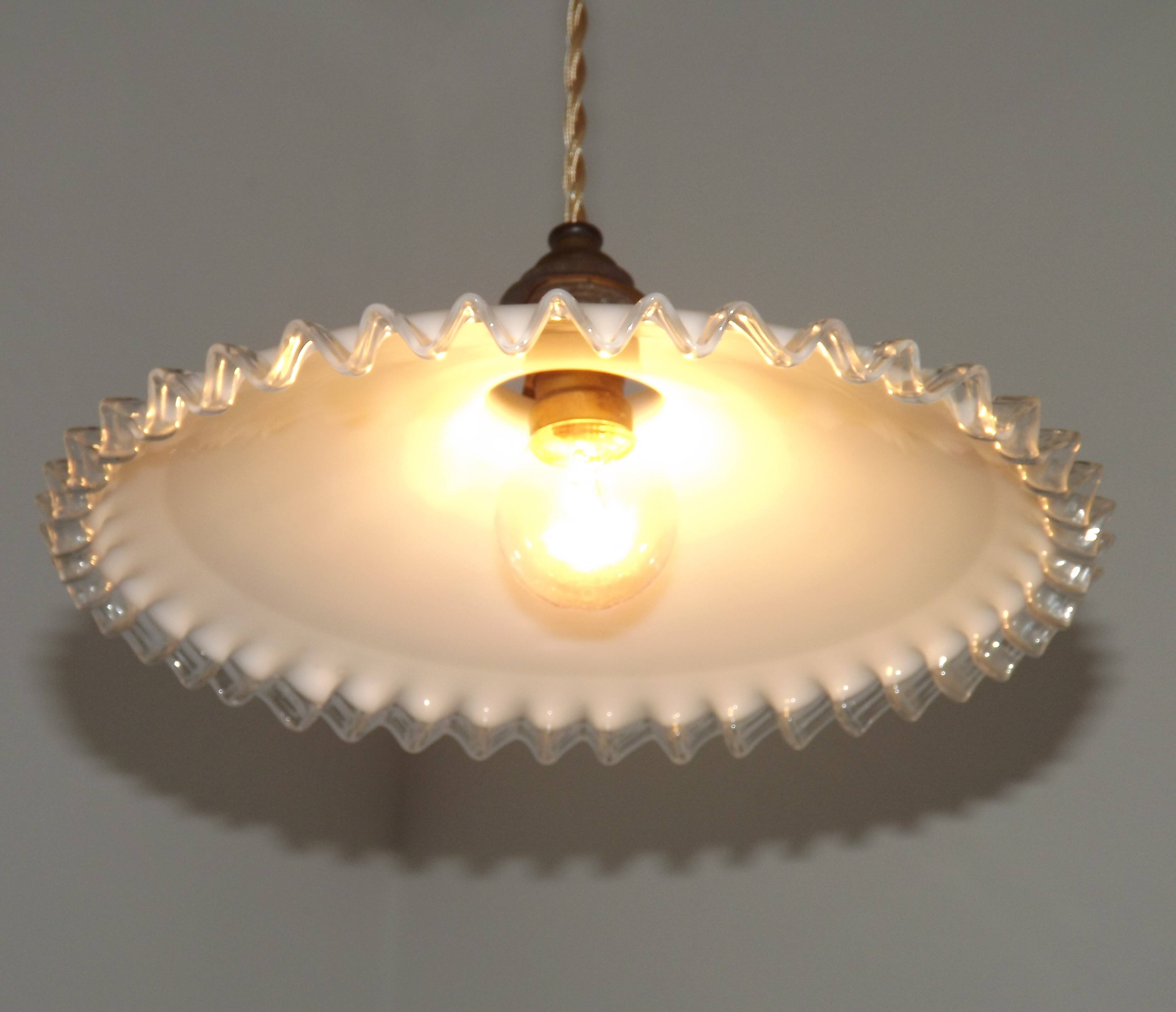 Vintage French Art Deco White Opaline Glass Pendant Light with Frilled Edge 5563