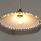 Vintage French Art Deco White Opaline Glass Pendant Light with Frilled Edge 5563