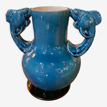 Blue ceramic vase fish handles