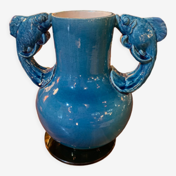 Vase en céramique bleue anses poissons