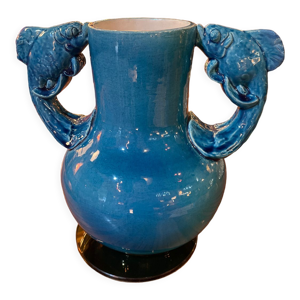Vase en céramique bleue anses