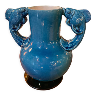 Blue ceramic vase fish handles