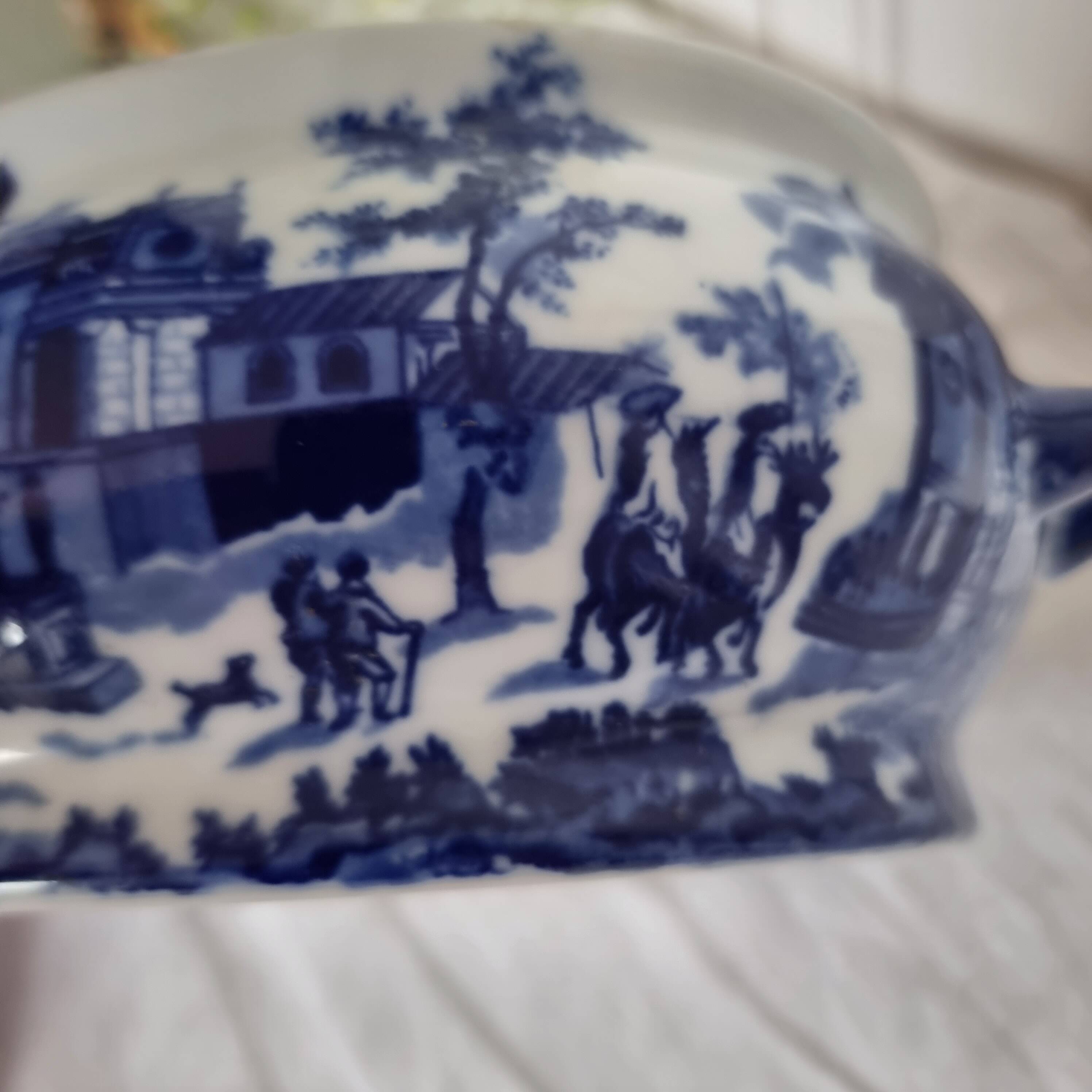 English porcelain flower pot or planter, blue Victorian landscape