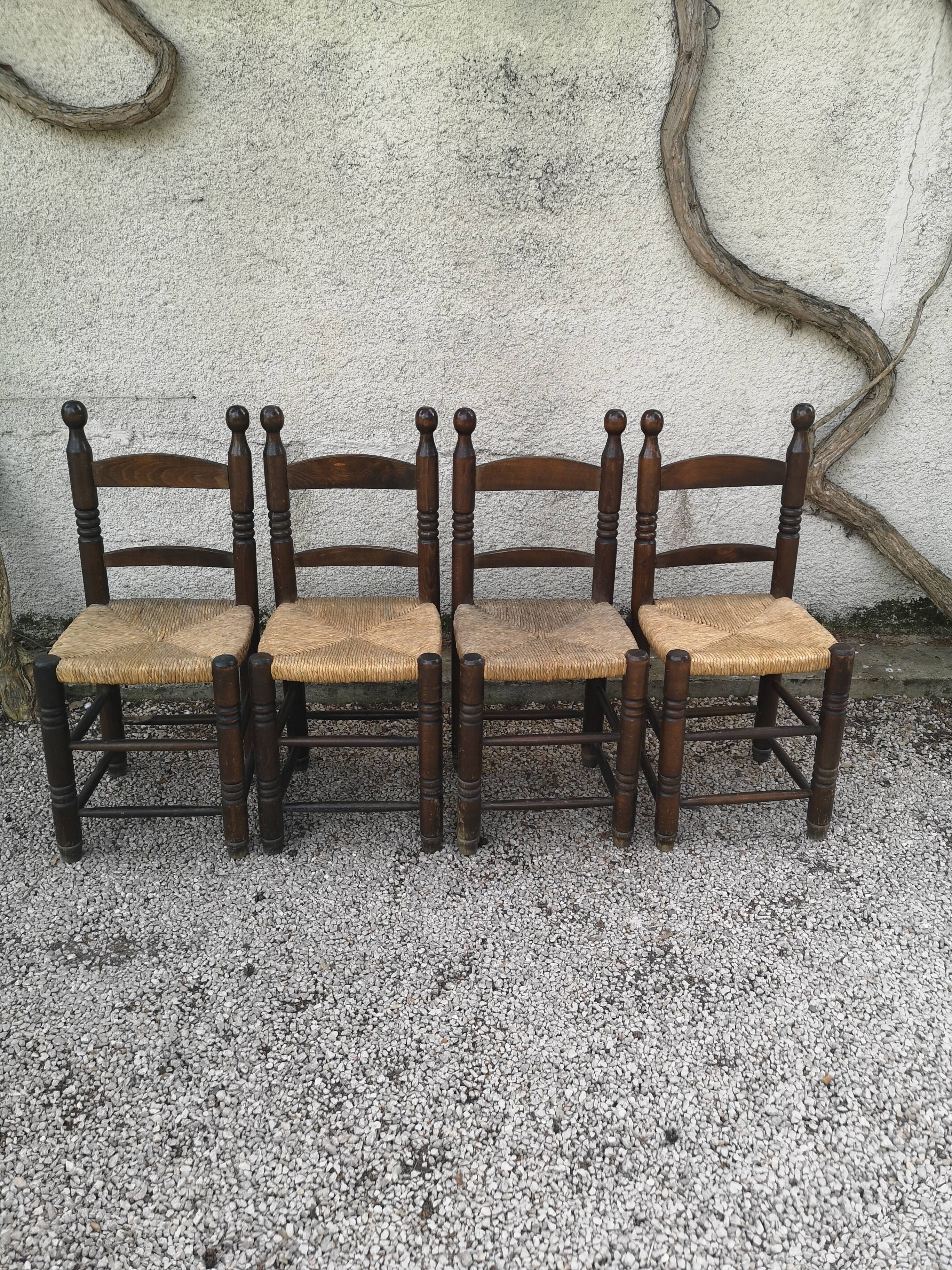 Set of 4 chairs in solid oak and straw