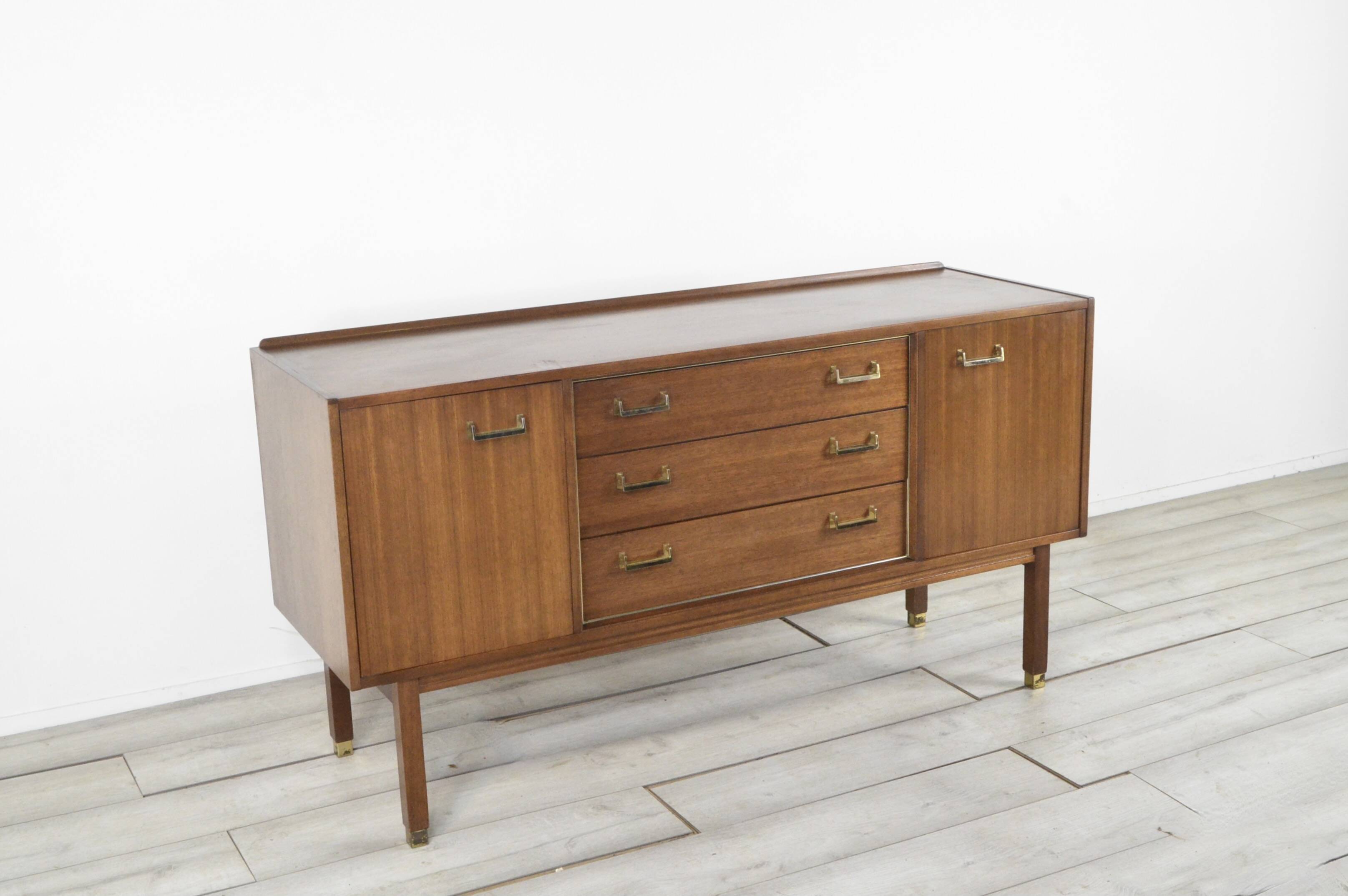 Midcentury G Plan 'E Gomme' Sideboard In Walnut And Brass. Vintage Modern /