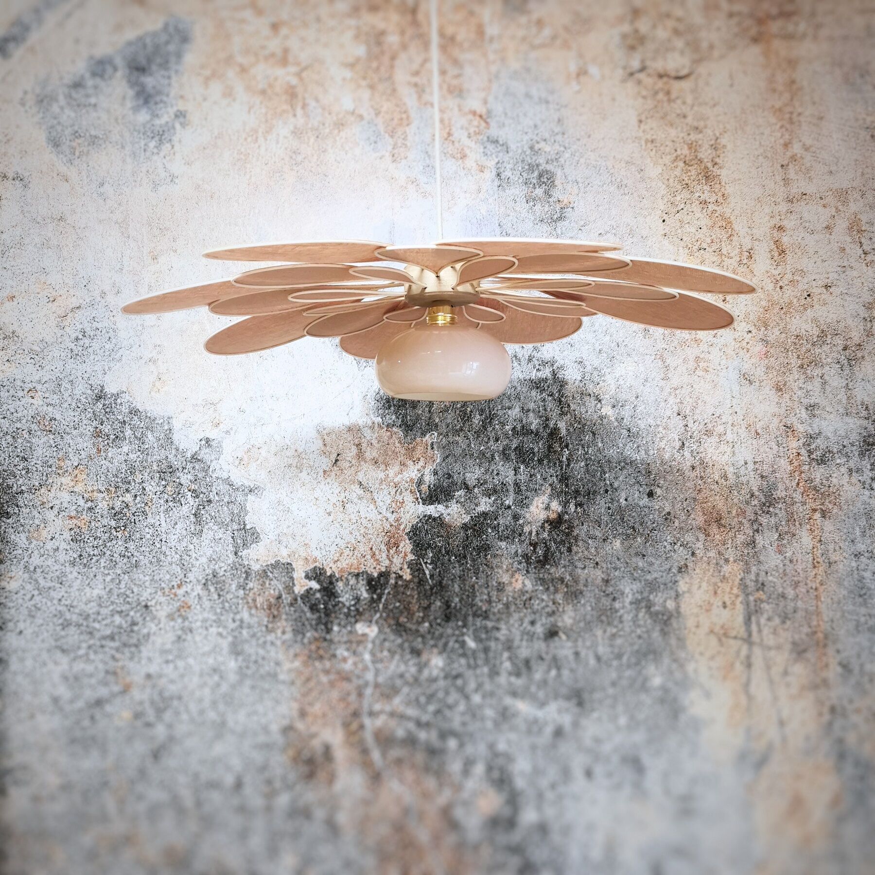 Old suspension vintage globe and petals in linen and rattan