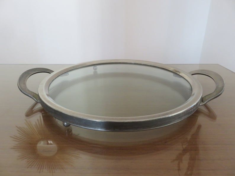 Modernist art deco tray in silver metal and smoked glass 1940s