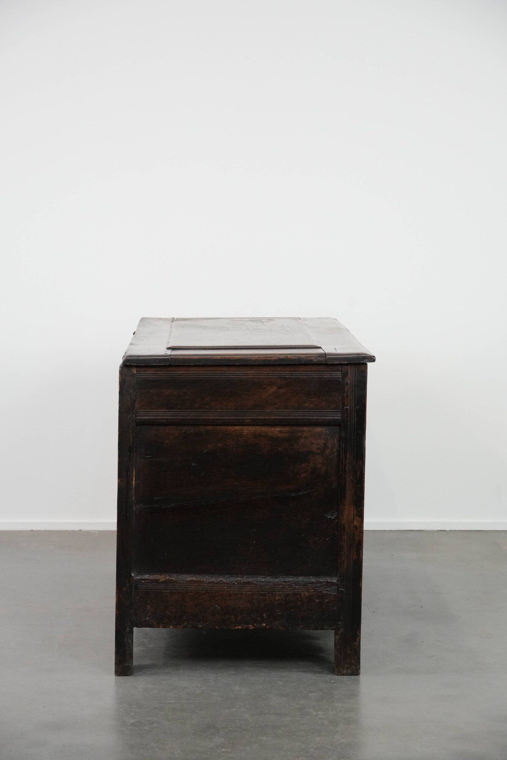 Large antique panelled English oak chest from the 18th century