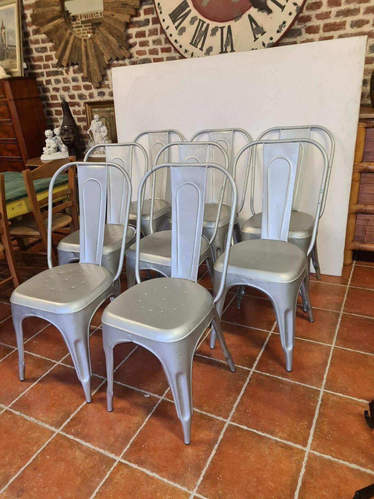 8 industrial iron chairs