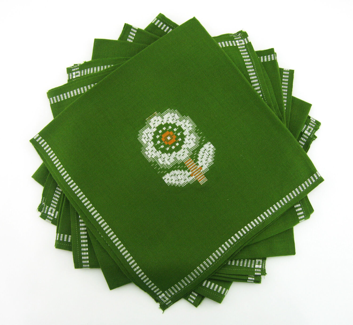 Lot 6 napkins in green Dralon - white flower patterns - vintage 60s