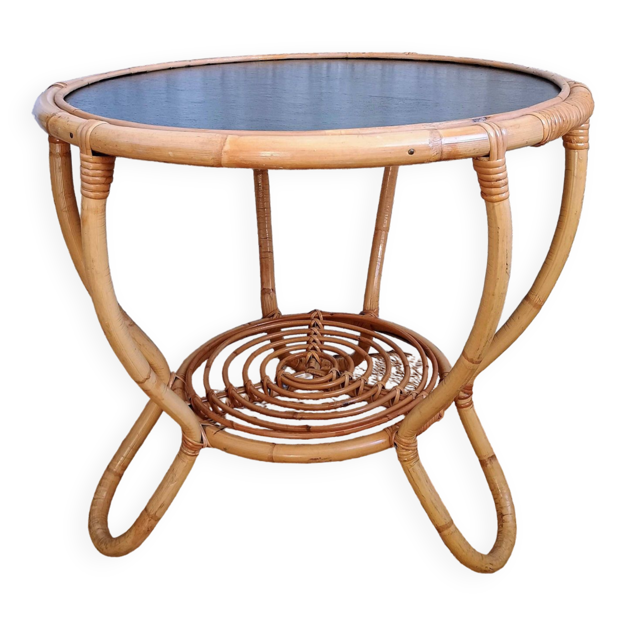 Round vintage rattan coffee table