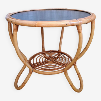 Round vintage rattan coffee table